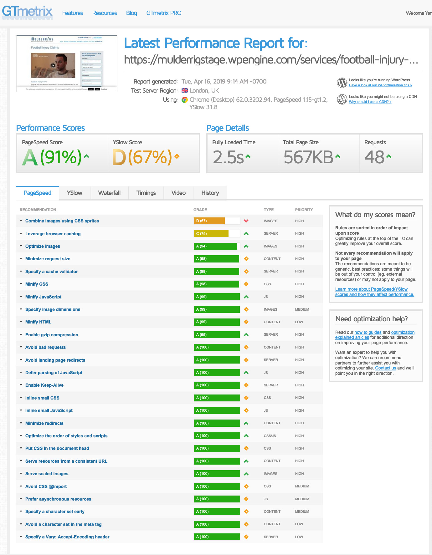 GT Metrix Page Score - Mulderrigs homepage (after optimisation)