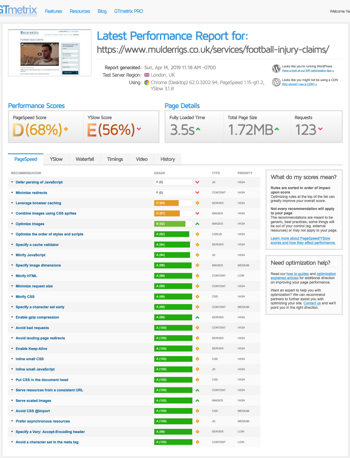 GT Metrix Page Score - Mulderrigs claims page (before optimisation)